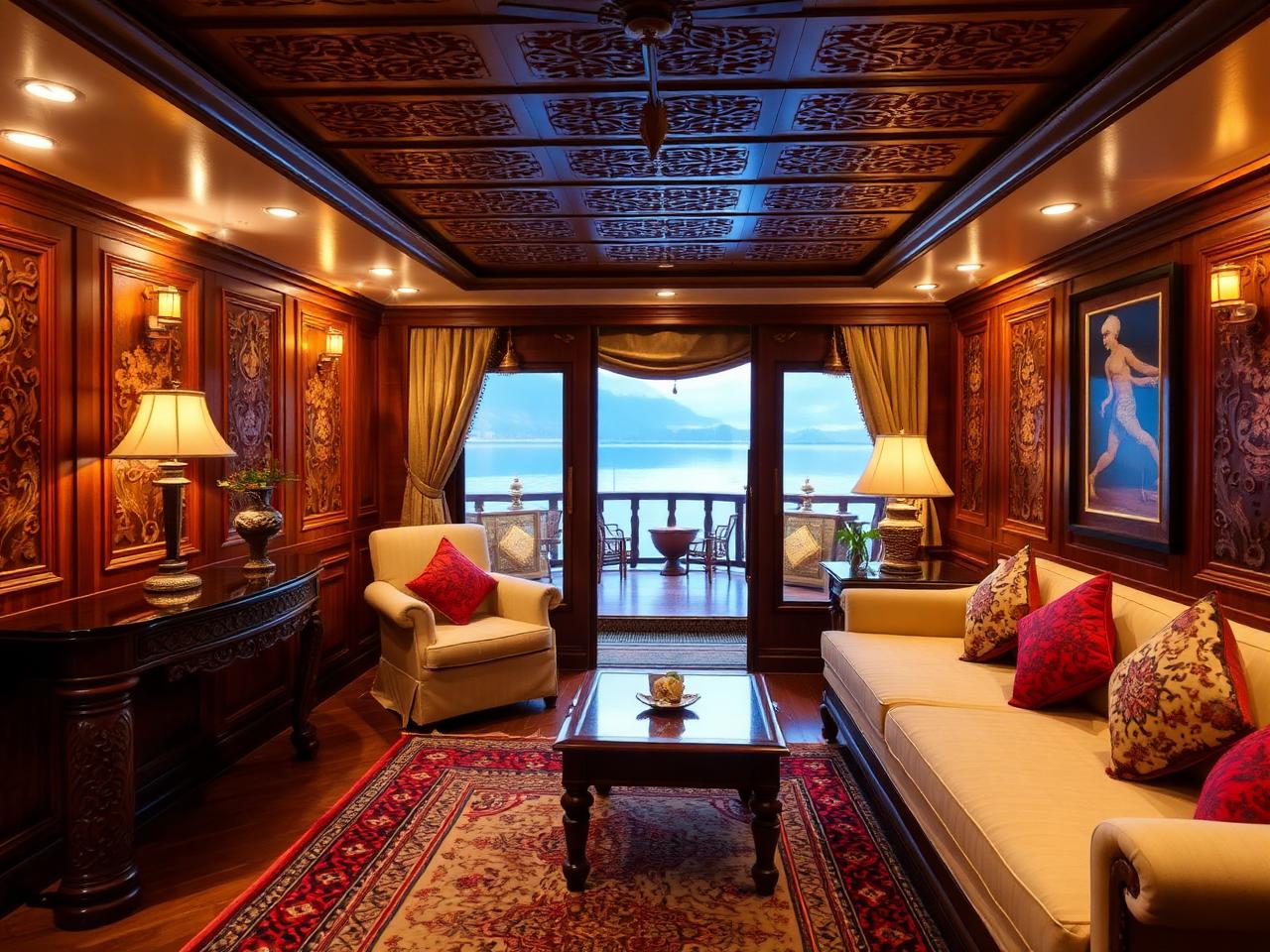Carved walnut interior of a Kashmiri houseboat